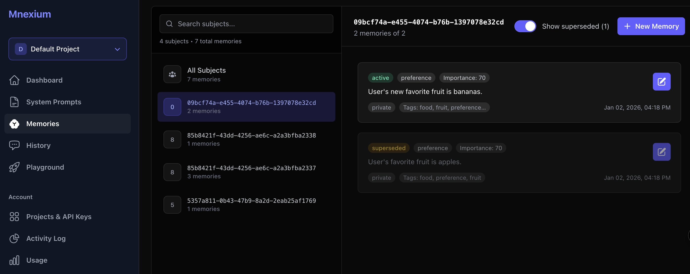 Mnexium dashboard showing memory management