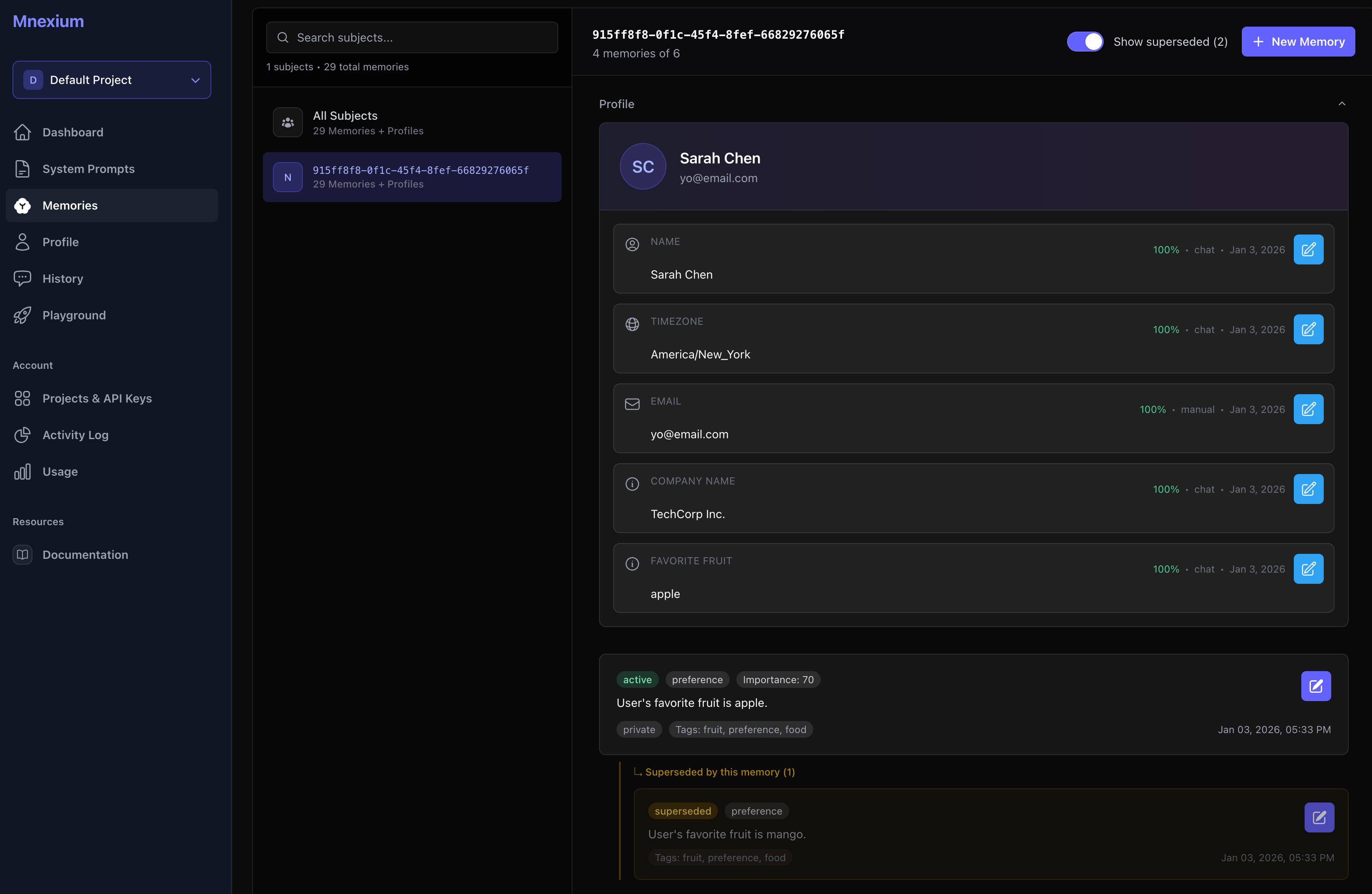 Memories dashboard showing the list of extracted memories with superseded memories nested under their active counterparts