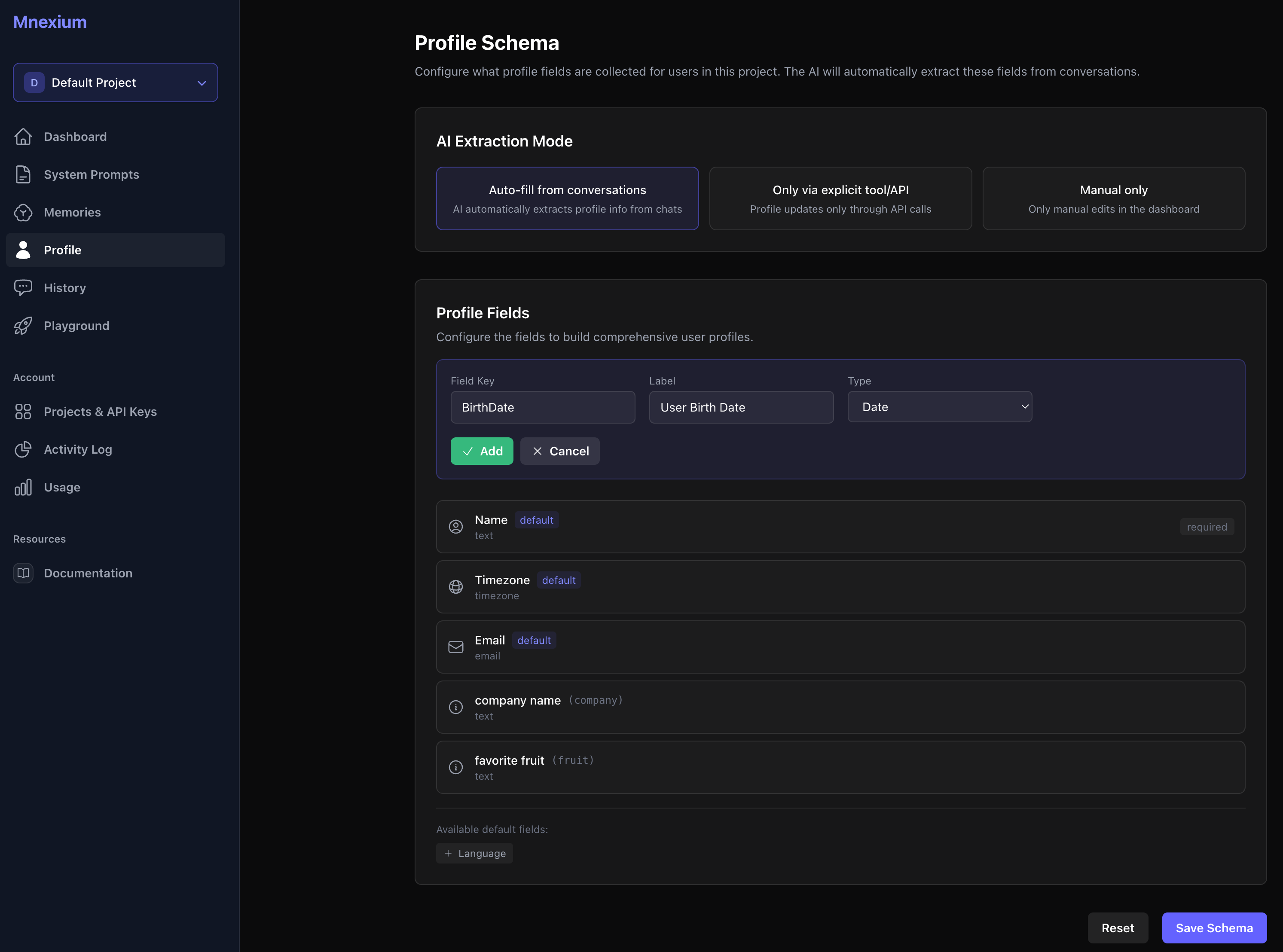 Profile Schema builder showing AI extraction mode options and customizable profile fields