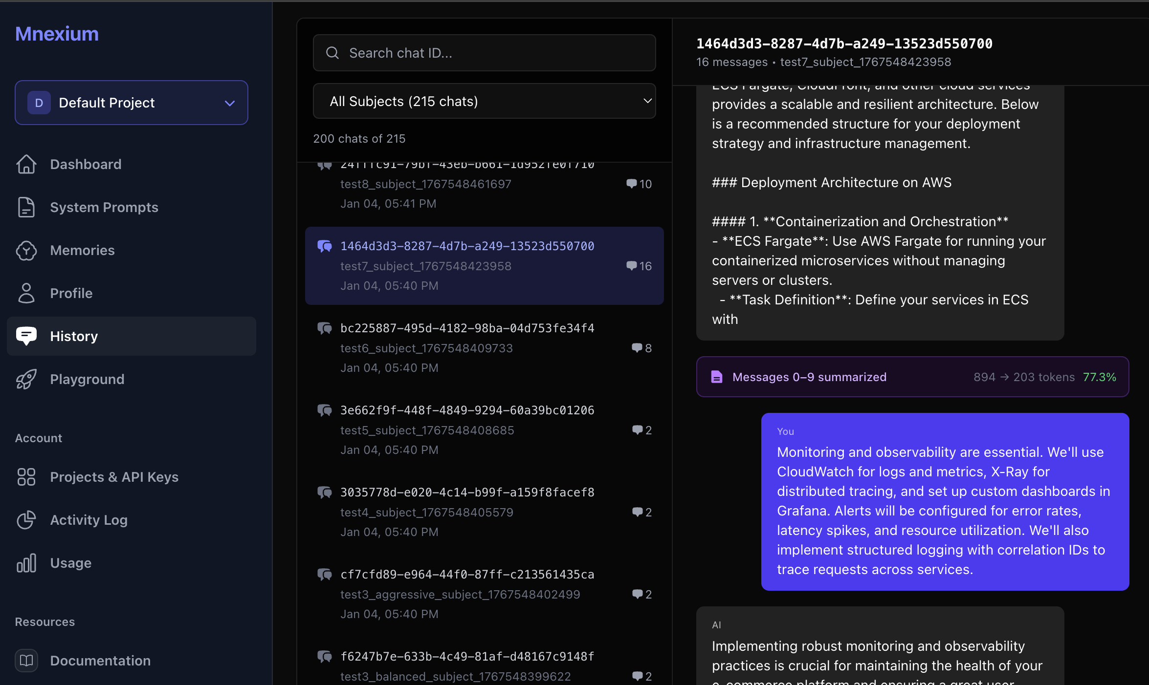 Chat summarization flow diagram showing how older messages are compressed into a summary while recent messages are kept verbatim
